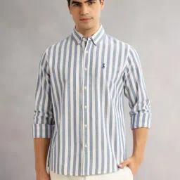 Thomas Scott Blue Linen Slim Fit Striped Shirt-picture-15