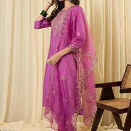 Indo Era Women Ethnic Motifs Embroidered Regular Thread Work Kurta with Trousers & With Dupatta image 4