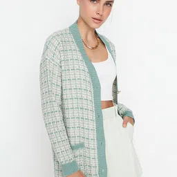 Trendyol Women Green & Grey Checked Checked Longline Cardigan image 4