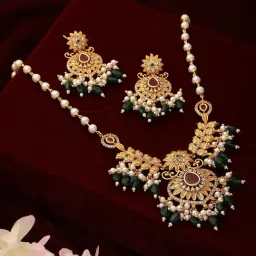 Saraf RS Jewellery Gold Plated Pearl Mala Haram Floral Necklace Jewellery Set-picture-23