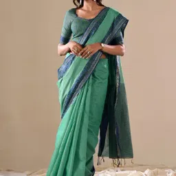 Saree Mall Teal green Cotton Self Saree with Blouse Piece-image-79