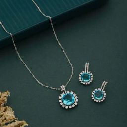 Saraf RS Jewellery Silver Toned Aqua AD Studded Statement Pendant & Earrings Set-picture-8