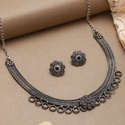 Aatmana Oxidised Silver-Tone Black Stone Studded Floral Necklace Set for Women-image-13