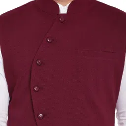 Hypernation Maroon Slim Fit Cotton Mandarin Collar Waistcoat image 4