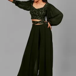 PARROT CREATION Gopi Embroidered Sweetheart Neck Georgette Crop Top With Palazzos-picture-36