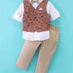 ToffyHouse Woven Cotton Full Sleeves Solid Shirt & Trouser Set with Bow Tie Waistcoat - Khaki-picture-42