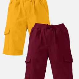 Kiddopanti Pack Of 2 Solid Knee Length Cargo Shorts - Mustard & Wine-picture-20