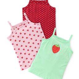 Babyhug 100% Cotton Knit Sleeveless Slips Strawberry & Dotted Print Pack of 3- Red Pink & Green-picture-47