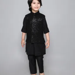 Ministitch Full Sleeves Solid Coordinating Kurta & Pyjama Set With Sequin Embroidered Jacket - Black-picture-26