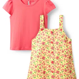 Babyhug Cotton Knit Half Sleeves Floral Printed Frock With Inner Tee - Yellow & Red-image-27