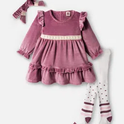 ToffyHouse 100% Cotton Knit Full Sleeves Tiered Solid Frock with Printed Stockings & Headband - Plum-picture-25
