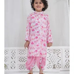 Little Bansi Muslin Woven Full Sleeves Floral & Flamingo Printed Kurta Dhoti Set - Pink-picture-24
