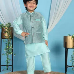 P-MARK Silk Woven Full Sleeves Solid Kurta Pant With Abstract Embroidered Jacket Set - Firozi-picture-11
