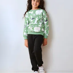 Anthrilo Fleece Knit Full Sleeves Animals Printed Sweatshirt With Joggers - Green & Black-picture-28