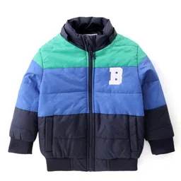 Babyhug Woven Full Sleeves Padded Hooded Jacket With Colour Block Design & Patch Detailing - Navy Blue & Green image 2
