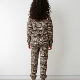 Anthrilo Fleece Knit Full Sleeves Leopard Printed Sweatshirt & Coordinating Joggers Set - Brown image 3