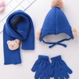 Babyhug Pom Pom Acrylic Woolen Cap Muffler & Gloves Set Teddy Design - Dark Blue image 3