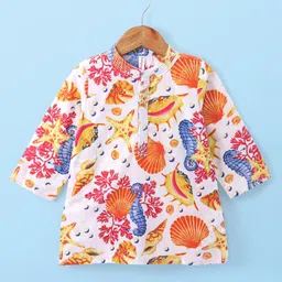 Babyhug Cotton Woven Kurta with Dhoti Set Sea Life Print - White & Yellow image 3