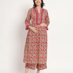 Aujjessa Three Fourth Bell Sleeves Floral Printed Maternity Feeding Kurta Set With Concealed Zipper Access -  Off White Fuchsia image 5