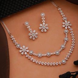Saraf RS Jewellery Silver Toned CZ Studded 2 Line Floral Jewellery Set-picture-10