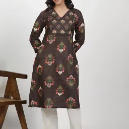 W Brown Cotton Printed Straight Kurta image 3