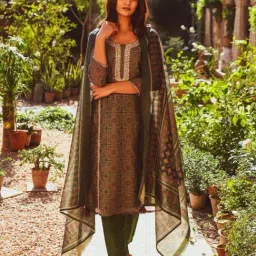Karaj Jaipur Green Noor Straight Fit Embroidered Neckline Kurta with Cotton Pant and Dupatta-image-5