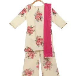 Ahalyaa Kids Beige Floral Print Kurta & Dupatta With Palazzo-image-6