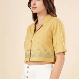 Akkriti by Pantaloons Yellow Embroidered Cropped Shirt image 3