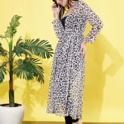 Anvi Be Yourself Women'S White Animal Printed Gathered Longline Semi Sheer Tie-Up Chiffon Shrug image 3