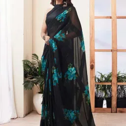Satrani Black Floral Print Saree With Unstitched Blouse-image-2