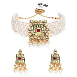 Zaveri Pearls Gold Tone Multistrand Pearls & Kundan Ethnic Choker Necklace & Earring Set-ZPFK10255-picture-18