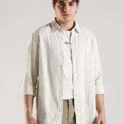 Calvin Klein Jeans Off White Linen Regular Fit Striped Shirt-picture-14