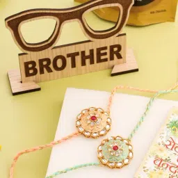 NVR Men Peach & Green Kundan Studded Round Floral Design Rakhi Combo-image-35