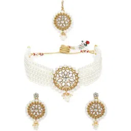 Zaveri Pearls Gold Tone Multistrand Kundan Center Piece Necklace Earring & Maangtikka Set-ZPFK10260-picture-16