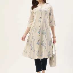 Amukti Beige Cotton Printed Three-Quarter Sleeves Kurta image 3