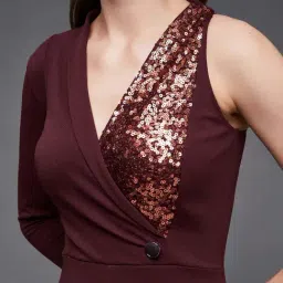 Miss Chase Wine Embellished Shawl Collar Asymmetric Polyester Blazer Styled Regular Jumpsuit image 5