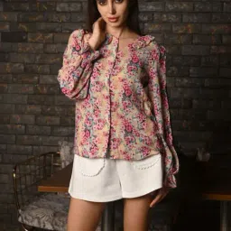 Odette Beige & Pink Floral Print Shirt-image-13