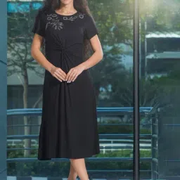 VIRGIO Black Viscose Embellished Short Sleeves Dress-picture-15
