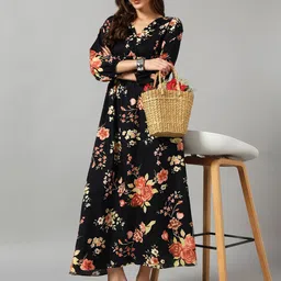 Krunal Raiyani Floral Printed Smocked Cuffed Sleeve Crepe Fit & Flare Maxi Dress-image-76