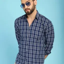 Indian Needle Blue Regular Fit Check Cotton Shirt-image-6