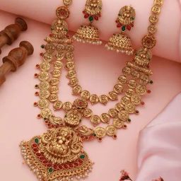 Saraf RS Jewellery 22k Gold-Plated Stone-Studded & Beaded Temple Lakshmiji Coin Bridal Jewellery Set-picture-10