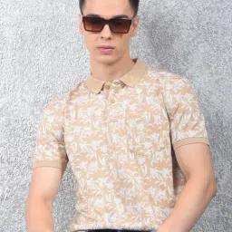 Crimsoune Club Beige Blended Slim Fit Floral Polo T-Shirt-image-54