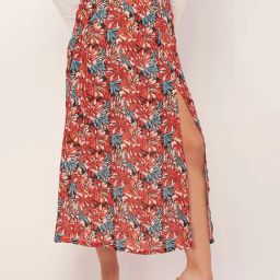 Moomaya Red Georgette Floral Print Skirt-picture-24