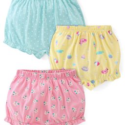 Babyhug 100% Cotton Knit Dot & Flower Print Bloomers Pack of 3- Blue Pink & Yellow-picture-12