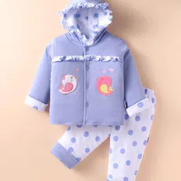 Child World Cotton Knit Full Sleeves Winter Wear Hooded Sweatjacket & Joggers Set with Sparrow Patch & Print - Lilac-picture-12