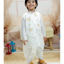 BownBee Full Sleeves Floral Foil Printed Kurta Dhoti With Jacket Set - White image 1