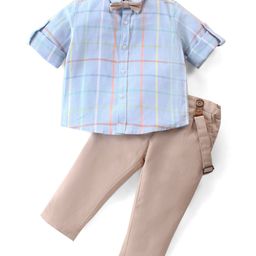 ToffyHouse 100% Cotton Woven Full Sleeves Checkered Shirt & Trouser Set with Bow & Suspender - Tan & Blue-picture-23