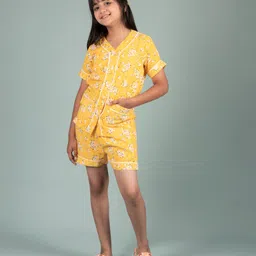 tweeny mini 100% Pure Rayon Woven Half Sleeves Floral Printed Coordinating Night Suit Set - Yellow-image-99
