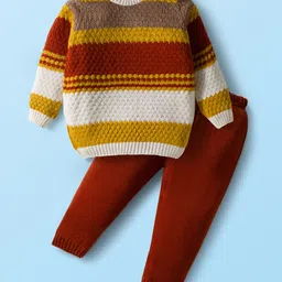 Babyhug Knit Full Sleeves Pullover Sweater & Pant Set with Color Block Design - Mustard & Brown-picture-27