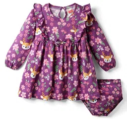 Babyhug Single Jersey Knit Full Sleeves Floral Animal Printed Frock With Bloomer - Purple image 1